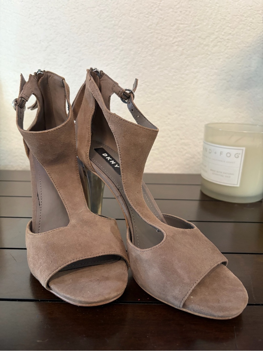 DKNY Taupe Suede Cutout Ankle-Strap Heels